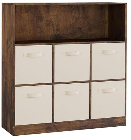URBNLIVING Wooden Wide 7 Cubed Cupboard Bookcase Storage Units Shelves 6 Drawers Baskets (White Drawer, Rustic Brown)