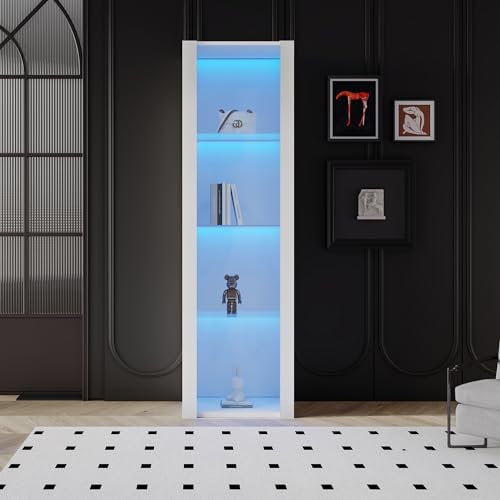 ComfortXL Vitrine weiß glänzend mit LED-Beleuchtung, 3 Glasablagen, 55 x 38 x 166 cm, Vitrinen, Vitrinen auf Fuß, hohe Schränke, Aufbewahrungsschränke