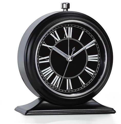 AYRELY® 4-Zoll Kleiner Wecker – Retro Wecker analog ohne Ticken mit Licht, lautloser Metall-Tischuhr für Schlafzimmer, Regal oder Nachttisch（Schwarz-Roman