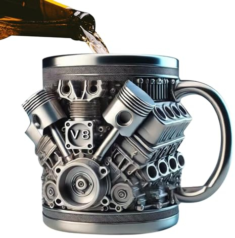 V8/V6 Engine Stainless Steel Mug, Durable Stainless Steel Realistic Engine Shaped Coffee Mug, Realistic 3D Car Engines Design, Creative Coffee Cup for Cars Enthusiasts & Racing Fans