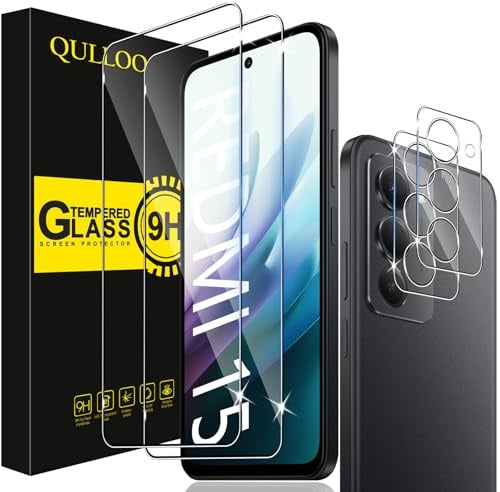 QULLOO Schutzfolie für Xiaomi Redmi 15 4G / 5G für Panzerglas, 2 Stück Displayschutzfolie mit 2 Stück Kameraschutz, 9H Härte Gehärtetes Glas HD Klar Schutzglas Anti-Kratzen Folie