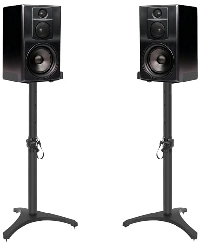 FREEAMG 1 Pair Floor Speaker Stand Adjustable Height 505 to 750 MM, Metal Triangle Speaker Stands 5kg Capacity, Studio Monitor Stands Holds Satellite & Bookshelf Speakers, Black (2 Sections)
