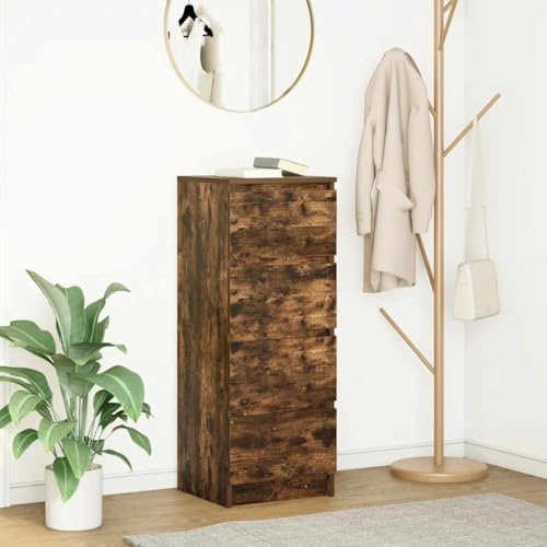 GeenYuu Beistellschrank Räuchereiche 37,5x35x99 cm Holzwerkstoff, schmale Kommode mit 4 Schubladen, viel Stauraum für Schlafzimmer und Flur