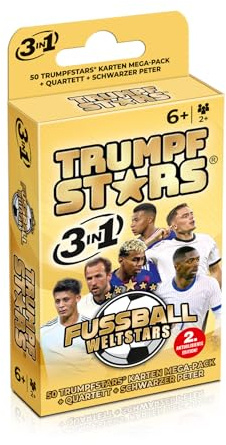 TRUMPFSTARS 3 in 1 Card Game - Trumpf Quartet Black Peter - 50 Mega Pack Cards - Football Stars Card Game Ages 6+ - For 2 or More Players - Plastic Free Packaging