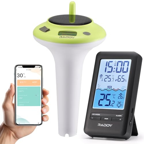 Raddy PT-5 WiFi Poolthermometer mit App, kabelloser schwimmender Poolsensor & Innendisplay, IPX8 digitaler Pool-Thermometer, Solar & USB-C aufladbar für Whirlpool, Spa, Schwimmbecken, Aquarium