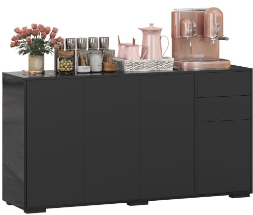 HOMCOM Buffet Meuble de Rangement 2 Tiroirs Coulissants 140x36x74cm Noir | 4 Portes, Étagère Réglable, Panneaux de Particules, Salle a Manger