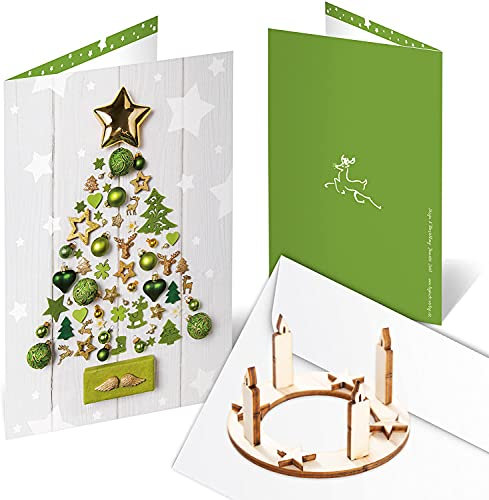 Logbuch-Verlag 3 Weihnachtskarten mit Kuvert + Mini Adventskranz aus Holz zum Stecken - Grußkarten Geschenk Weihnachten