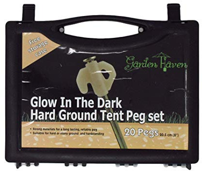 Garden Haven Steel Hard Ground Tent Camping Anchor Stakes with Luminous Glow-in-the-dark Heads - Set of 20-8 inch - Puller and Case Included