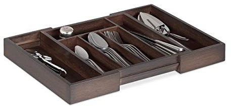 Relaxdays Besteckkasten Schublade, ausziehbar, variable Breite, 5 bis 7 Fächer, Bambus, HBT: 5x48x33,5cm, dunkelbraun