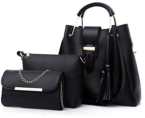 AlwaySky Frauen weiche pu-leder handtasche 3 stücke set tote umhängetasche kupplung geldbörsen set schwarz