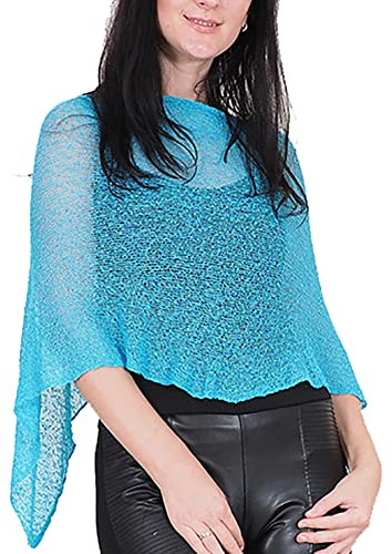 Mimosa Damen Schlichtes Stretch-Fischnetz häkeln Fledermaus Kleiner Poncho im Popcorn-Stil Stricken (One Size, Turquoise)