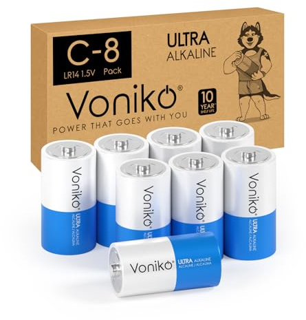 VONIKO Ultra Alkaline C Batteries, C Size LR14 Batteries, 8 Pack - 10 Year Shelf Life and 6-9 Times the Power Like Carbon Batteries, C Cell 1.5 Volt Battery