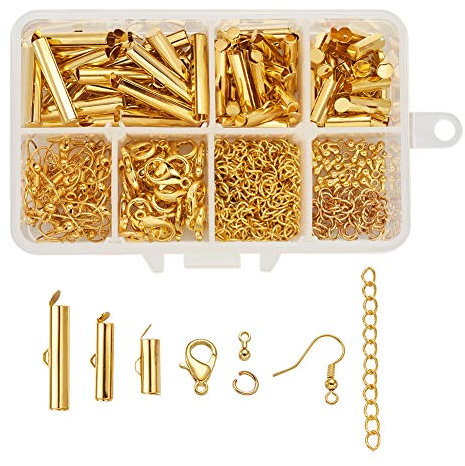 PandaHall 100 Stück Röhren-Messing-Verschlüsse zum Aufschieben, goldfarben, mit Fisch-Ohrringhaken und Karabinerverschlüssen, Edelstahl, offener Bindering, Eisen, Twist-Verlängerungsketten