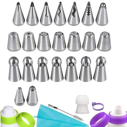 Teiliges Spritztüllen Set 50 pack Edelstahl Russische Düse,Russische Spritztüllen Silikon Spritzbeutel, Cupcake Dekoration,Einweg Spritzbeutel,Backen Liefert, Kuchen und Plätzchen Dekoration