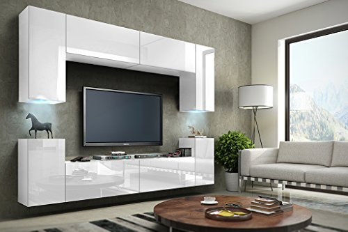 Furnitech Wohnwand Wohnzimmer | Hängend Wohnwand Modern | Wohnzimmer Schrankwand mit Regale und TV Schrank | Wohnzimmer Möbel ohne LED (Future C1/HG/W/2 1A)