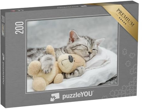 puzzleYOU: Puzzle 200 Teile „Niedliches Kätzchen schmust mit einem Teddy“ – aus der Puzzle-Kollektion Tiere, Amerika, Katzen-Puzzles