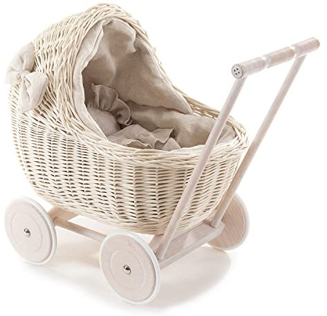 e-wicker24 DESAYER PUPPENWAGEN AUS WEIDE MIT LEINEN BETTWÄSCHE, Spielzeug AUS WEIDEN IN BEIGE, NATÜRLICHE KINDERSPIELZEUG, EIN Geschenk FUR EIN Kind Natur 48x28 H47