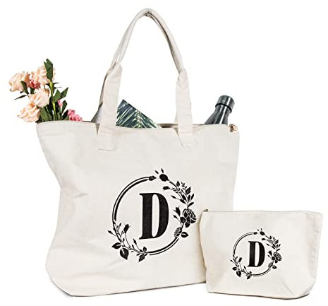 TOPDesign Leinen-Tragetasche mit Initialen als personalisierte Geschenktasche, geeignet für Hochzeit, Geburtstag, Strand, Urlaub, Freunde, Brautjungfern (Buchstabe D)