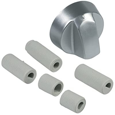 UNIVERSAL Knebel Knauf Drehgriff Drehknopf Griff Kochstellenknopf Knopf Silber 43mm mit Adaptern für Kochfeld Herd Backofen für alle Marken