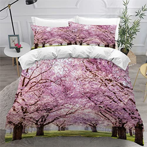 RLYXGS Parure de Lit Fleurs De Cerisier 3 Pièces 200x200cm 3D HD Impression Paysage Rose Housse De Couette 2 Personnes en Microfibre Douce Dousse de Couette pour Enfants Adultes + 2 Taies 50X75cm