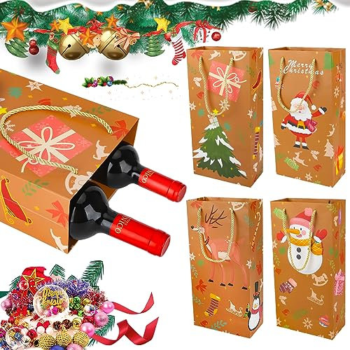 Gift Bags Christmas -Bottle Bags Gift Christmas, Christmas Bottle Bags, Double Bottle Gift Bag Christmas, Wine Gift Bags with Handle, 4Pcs Xmas Gift Bags for Wine, Whiskey,Spirit
