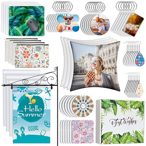 Lot de 114 pièces vierges par sublimation comprenant une trousse de maquillage vierge, un porte-clés, des boucles d'oreilles, une housse de coussin, un tapis de souris, un sous-verre, un drapeau de