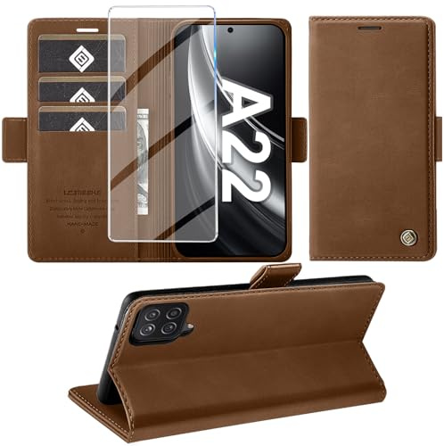 Giyer Samsung Galaxy A22 5G Hülle Wallet mit Schutzfolie - Leder Kartenfach Standfunktion Flip Case Cover Klapphülle