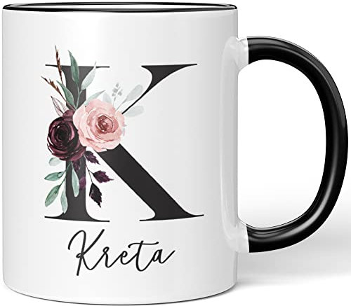 JUNIWORDS Tasse, Kreta, Name Anfangsbuchstabe Initial Alphabet Floral Buchstabe K Monogramm Motiv, Schwarz (5580192)