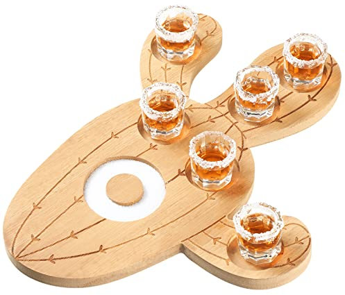 Wooden Shot Glass Holder Serving Tray Cactus Tequila Tray Mexican Tequila Board Funny Flight Tray with Lemon Bowl for Bar Restaurant Party Family Gathering Tequila Gifts, 11.81 x 9.84 x 0.47 Inches