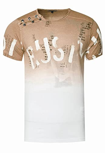 Herren T-Shirt mit Seitlicher Knopfleiste Verwaschen mit Farbverlauf Rundhals Stretch Herren-T-Shirt Casual Fit 288, Farbe:Camel, Größe S-XXL:S