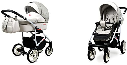 BabyLux White Lux 2-in-1 Baby Kinderwagen Tief und Kinderwagen mit Zubehör Verstellbar und faltbar Aluminium Konstruktion Wasserdicht Nicht abnehmbare Räder Latte