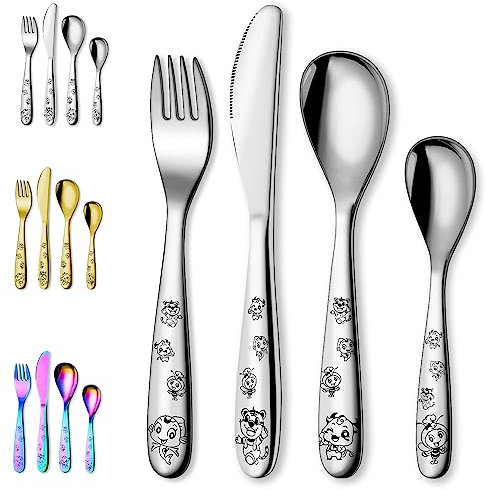 Evanda 4 Pieces Toddler Utensils, Stainless Steel Kids Utensils Forks and Spoons, Mirror Polished Smooth Round Tableware, Dishwasher Safe