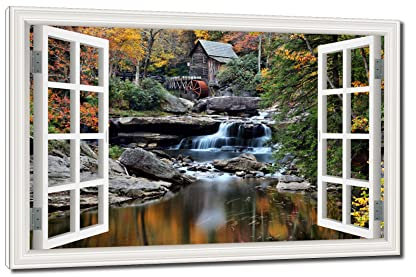 JINQIN 3D-Effekt, offenes Fenster Wald, Wandkunstbild, Moulin Rouge und Brook, Leinwanddrucke, Dekoration für Büro und Wohnzimmer, 50 x 75 cm, verpackte Leinwand