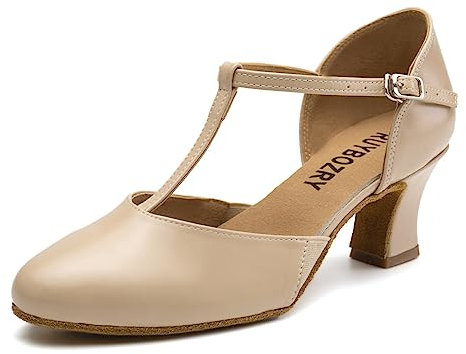 RUYBOZRY Zapatos de Baile Mujer Salsa y Bachata Zapatos de Baile Tango Profesional de Salon Suela Ante con Tacones de 6cm Beige EU 37.5