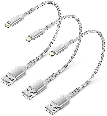 30cm Lightning Kabel Kurz [3 Stück], 0.3m MFi Zertifiziert iPhone Ladekabel Kurz Nylon USB A auf Lightning Datenkabel iPhone Schnellladekabel Kompatibel für iPhone14 13 12 11 Pro Max XS XR X 8 7 iPad