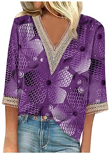 Women 3/4 Sleeve T Shirt Bikini Tops for Women UK Ladies Blouses Size 18 Women's Blouses Women Vintage Floral Print Long Sleeve Blouse Womens T Shirts Flutter Sleeve Tops for(2-Purple,M)
