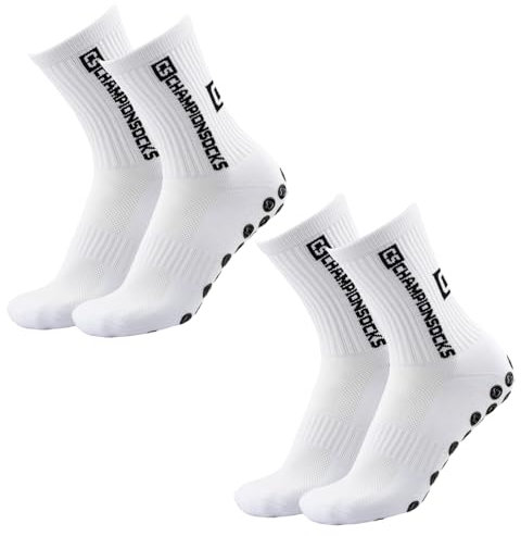 LAUMOE 2 Paare Grip Socken Fussball, Fußball Socken, Football Socks, Socken Fussball Fußballsocken 39-44 Rutschfeste Sportsocken für Fussball Basketball Laufen (Weiß)