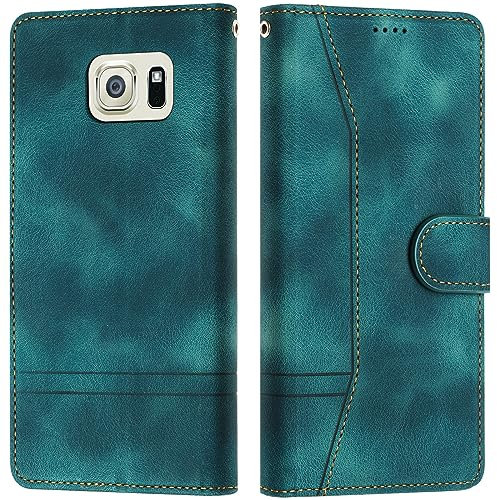 LiLuLa Kompatibel mit Samsung Galaxy S6 Edge Hülle, Handyhülle Samsung S6 Edge, Galaxy S6 Edge Hülle Klappbar Leder Flip Wallet Case Schutzhülle Klapphülle für Samsung S6 Edge Hülle Holster (Grün)
