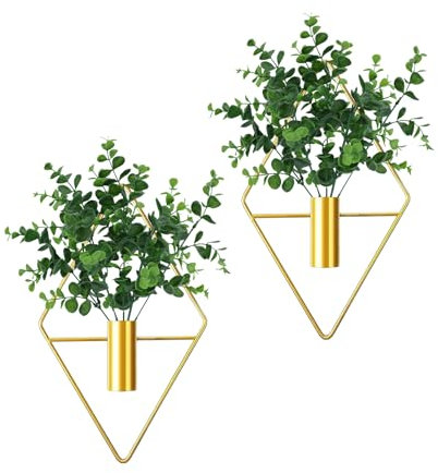 PEEOHMGZ 2 Pieces Diamond Shape Hanging Planters with Artificial Eucalyptus Plants Metal Vase Indoor Holder Modern Geometric Wall Decor for Home Living Room (Gold)