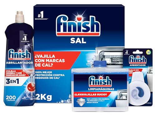 Finish Pack Aditivos Lavavajillas, Abrillantador 800ml + Sal Lavavajillas 2kg + Limpiamáquinas 250ml + Ambientador Odorstop