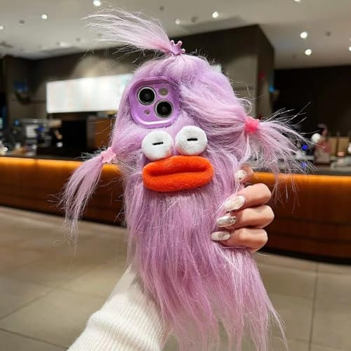 Pretaco iPhone 15 Case, Funny and Silly Weird Furry Phone Cases, [DIY Long Hair with Hair Clip], Ugly Phone Case, Interchangeable Challenge Gifts with Friends (Purple)