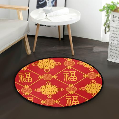 Petit tapis rond lavable avec symbole chinois oriental du Nouvel An, rouge, 0,9 m, tapis de yoga pour décoration d'intérieur, chambre à coucher, salon, étude, jeu