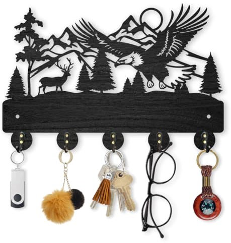 MAYJOYDIY Holz Adler-Hirschmotiv Wandmontage Kleiderbügel 30 x 20 cm Schwarzer Adler-Schlüsselhalter Für Die Wand 5 Haken Aus Metalllegierung Wandkunst Dekor Für Küche Schlafzimmer Eingangsbereich