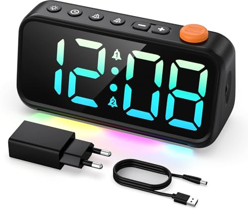 LATEC Wecker Digital, Digitalwecker mit 7 Modi RGB-Nachtlicht, 8 Farben LED Digitalanzeige, Einstellbarer Helligkeit und Lautstärke, 2 Alarme, Snooze, USB-Ladeanschluss, Netzbetrieben