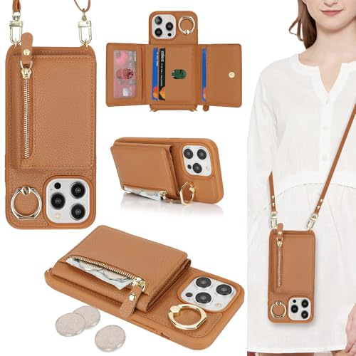 ELTEKER Coque pour iPhone 13 Pro Max Etui avec Cordon Collier Sangle réglable,Housse en Cuir avec Anneau Étui Portefeuille avec Porte Carte Pochette - Marron Clair