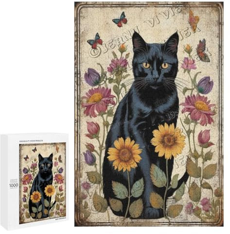 Floral Black Cat Themed Jigsaw Puzzles 1000 Piece for Adults Families Challenging Fun Pieces Fit Together Challenging Puzzle Perfect for Game Nights Cat Decor