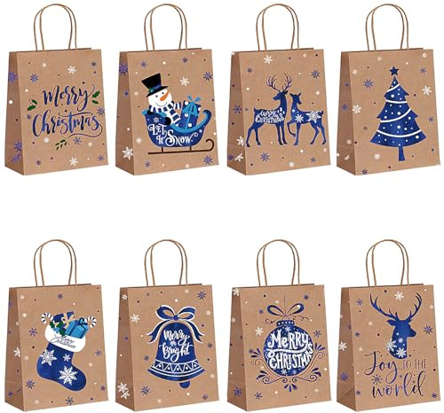 WANYI 8 Stück Geschenktüten Weihnachten Klein Papiertüten Kraftpapiertüten mit Henkel Weihnachtstüten Verpackungstüten mit Weihnachtsdruck zum Verpacken von Geschenken (22 * 16 * 8cm)