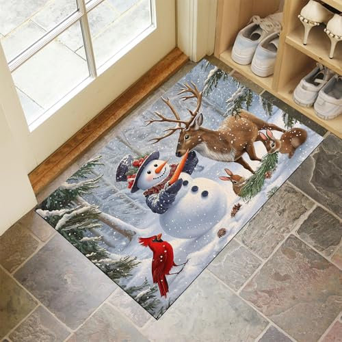 MULERN Schmutzfangmatte Innen 90X150Cm - Maschinenwaschbare Fußmatte, Sauberlaufmatte, Schneemann Und Elch Eingangstürmatte Mit Wasserabsorbierenden, Fussmatte Für Hund, Eingang, Haustür & Flur