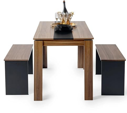 LafeuR Esstisch mit 2 Bänken 3-TLG Set 140x70x75cm Küche Stühle Tisch Möbel Essgruppe Praktisch Sitzgruppe Walnuss & Schwarz