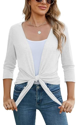 Famulily Ladies White Classy Summer Sheer Cardigans Womens Tie Front Comfy Shrugs and Boleros (XXL, White)